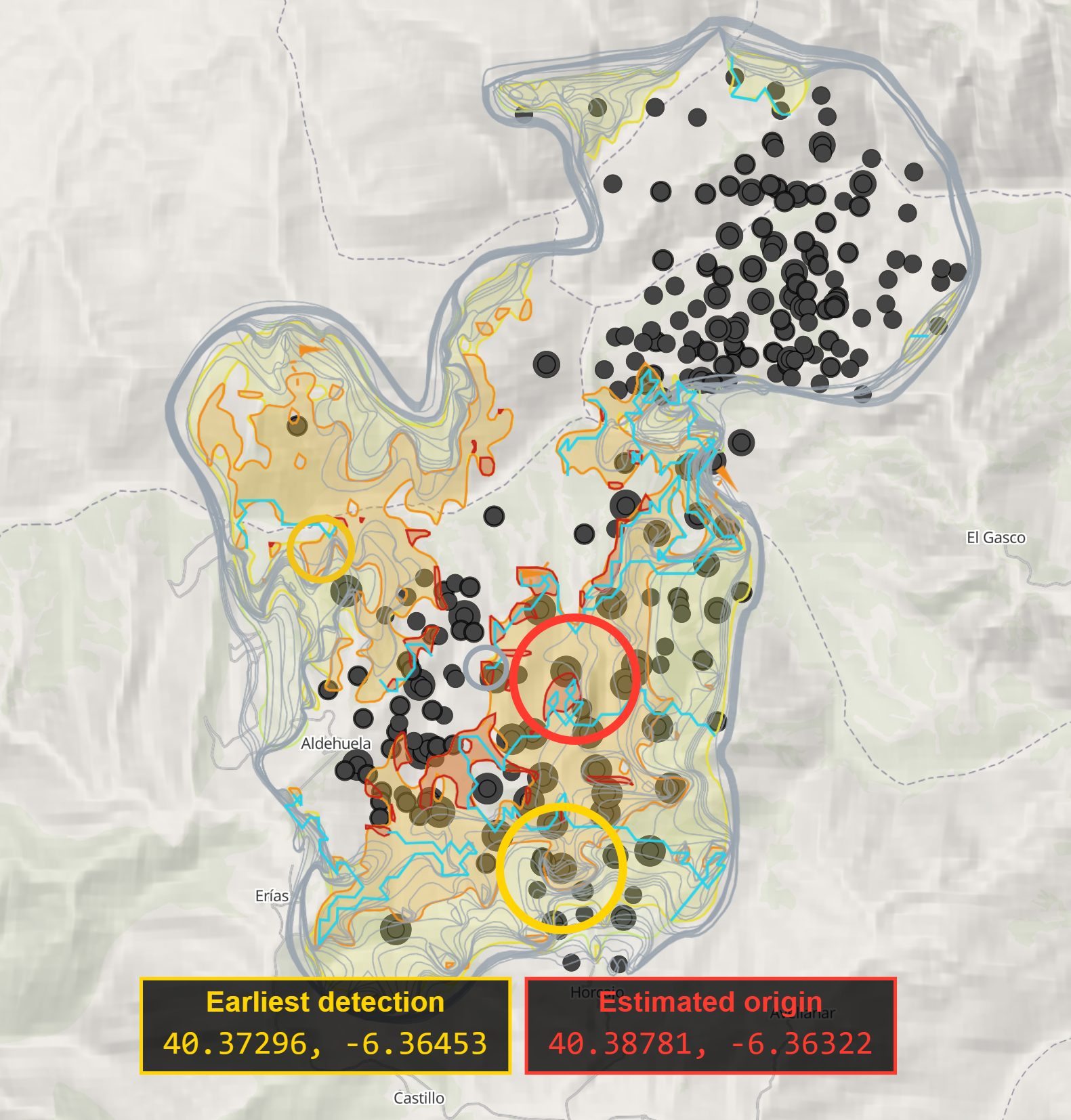 Satellite detections traced into a fire perimeter, coloured by age