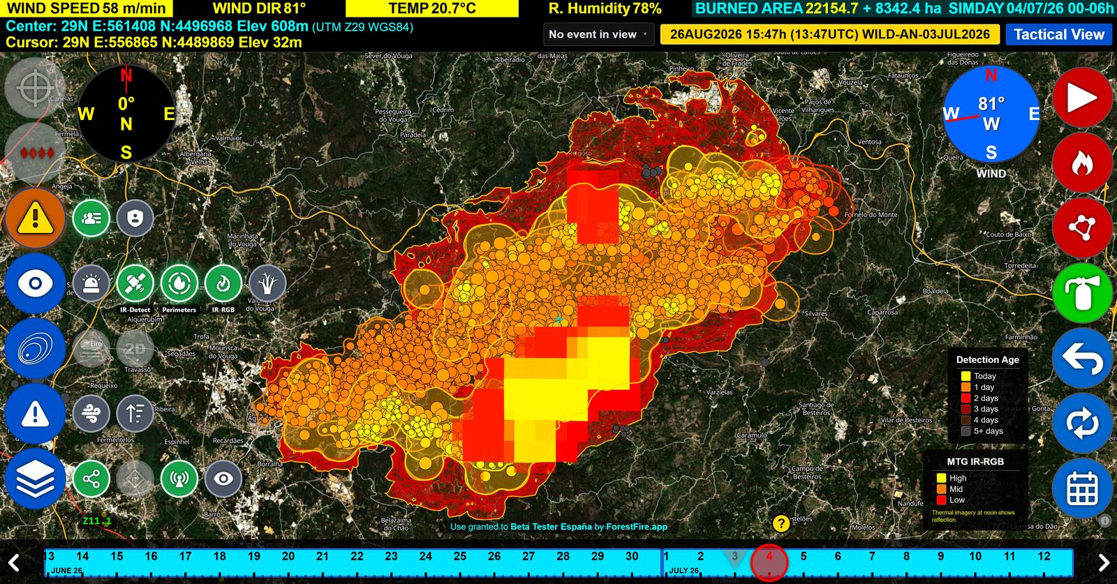 The Wildcaster operational display: fire nowcast, detections and impact on one map
