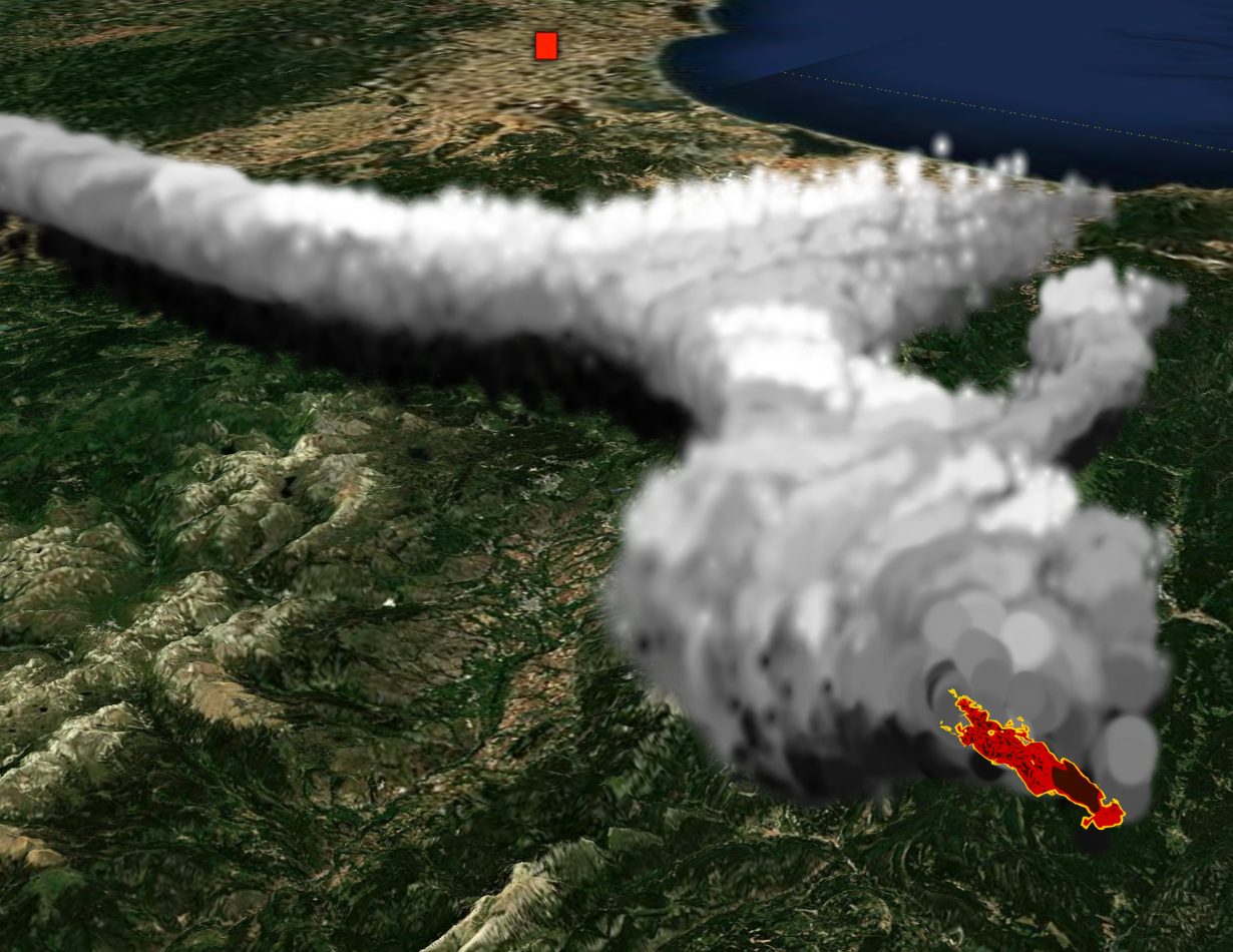 Three-dimensional smoke plume over the real landscape