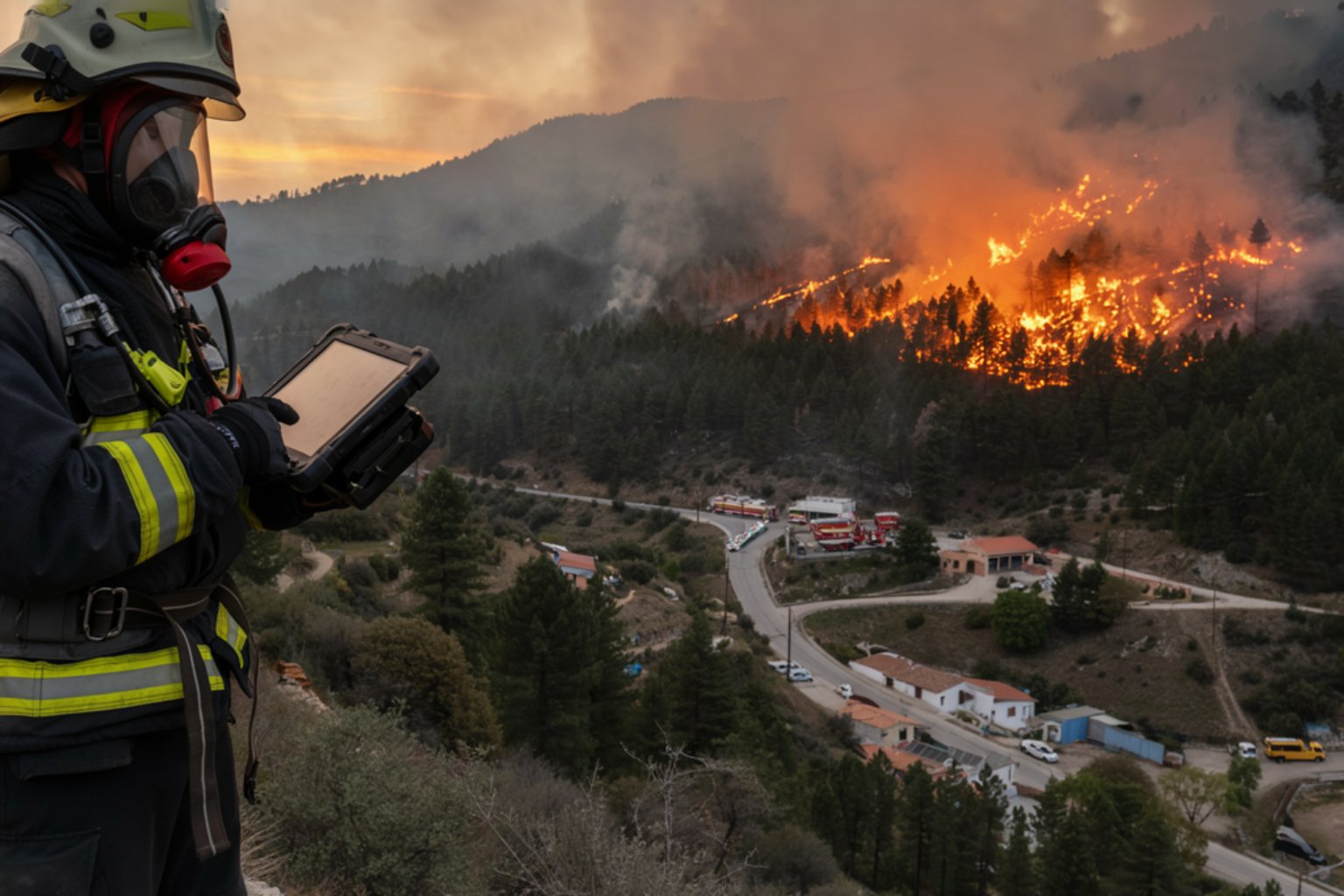 A firefighter in breathing apparatus reads Wildcaster on a rugged tablet while a crown fire runs the ridge above a village